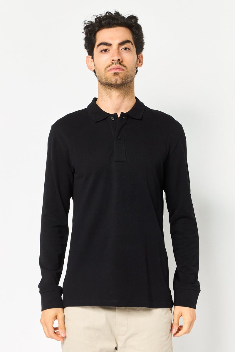 Celio Men Regular Fit Solid Long Sleeves Polo Shirt, Black - Image 1